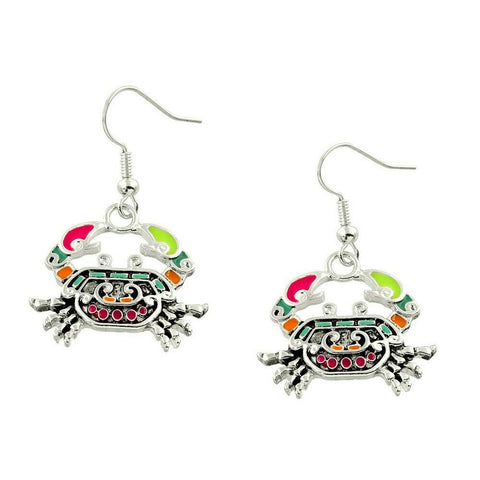 Crab Earrings Beaded Drop Sea Life Beach Surfer Nautical SILVER MULTI Jewelry - PalmTreeSky