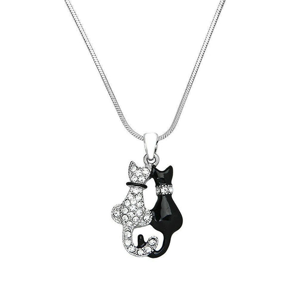 Cat Necklace Pave Rhinestone Pet Animal Friendly Thin Chain SILVER BLACK CLEAR - PalmTreeSky