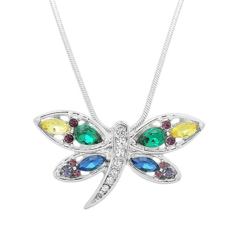 Dragonfly Necklace Crystal Pave Rhinestones Metal Pendant SILVER Bug Jewelry - PalmTreeSky