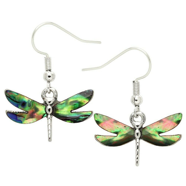 Dragonfly Earrings Abalone Shell Metal 23mm Drop Dangle SILVER Fly Bug Jewelry - PalmTreeSky