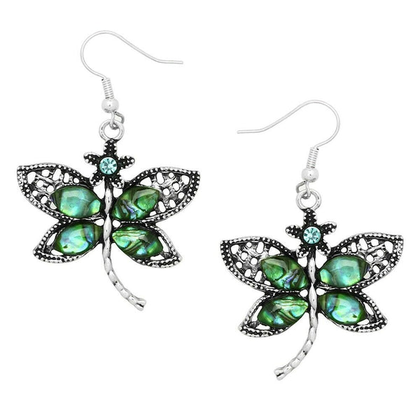 Dragonfly Earrings Pave Stone Abalone Shell Metal Drop Dangle SILVER Bug Jewelry - PalmTreeSky