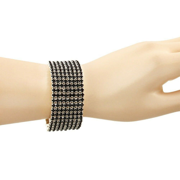 Rhinestone Bracelet Stretch Bangle 8 Row Crystal Pave Evening Event Dress BLACK - PalmTreeSky