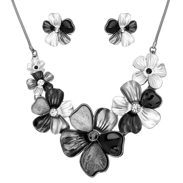 Flower Necklace Set Chunky Pendant Statement Floral Rhinestone Painted BLACK - PalmTreeSky