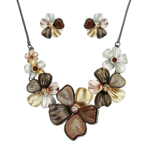 Flower Necklace Set Chunky Pendant Statement Floral Rhinestone Painted BROWN - PalmTreeSky