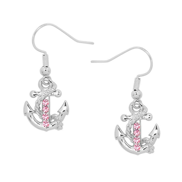 Anchor Earrings Rhinestone Nautical Sailor Beach Drop Hook Sea Life SILVER PINK - PalmTreeSky