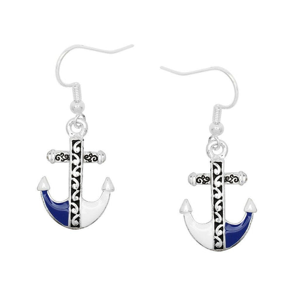 Anchor Earrings Drop Dangle Beach Sea Life Nautical Jewelry SILVER  BLUE WHITE - PalmTreeSky