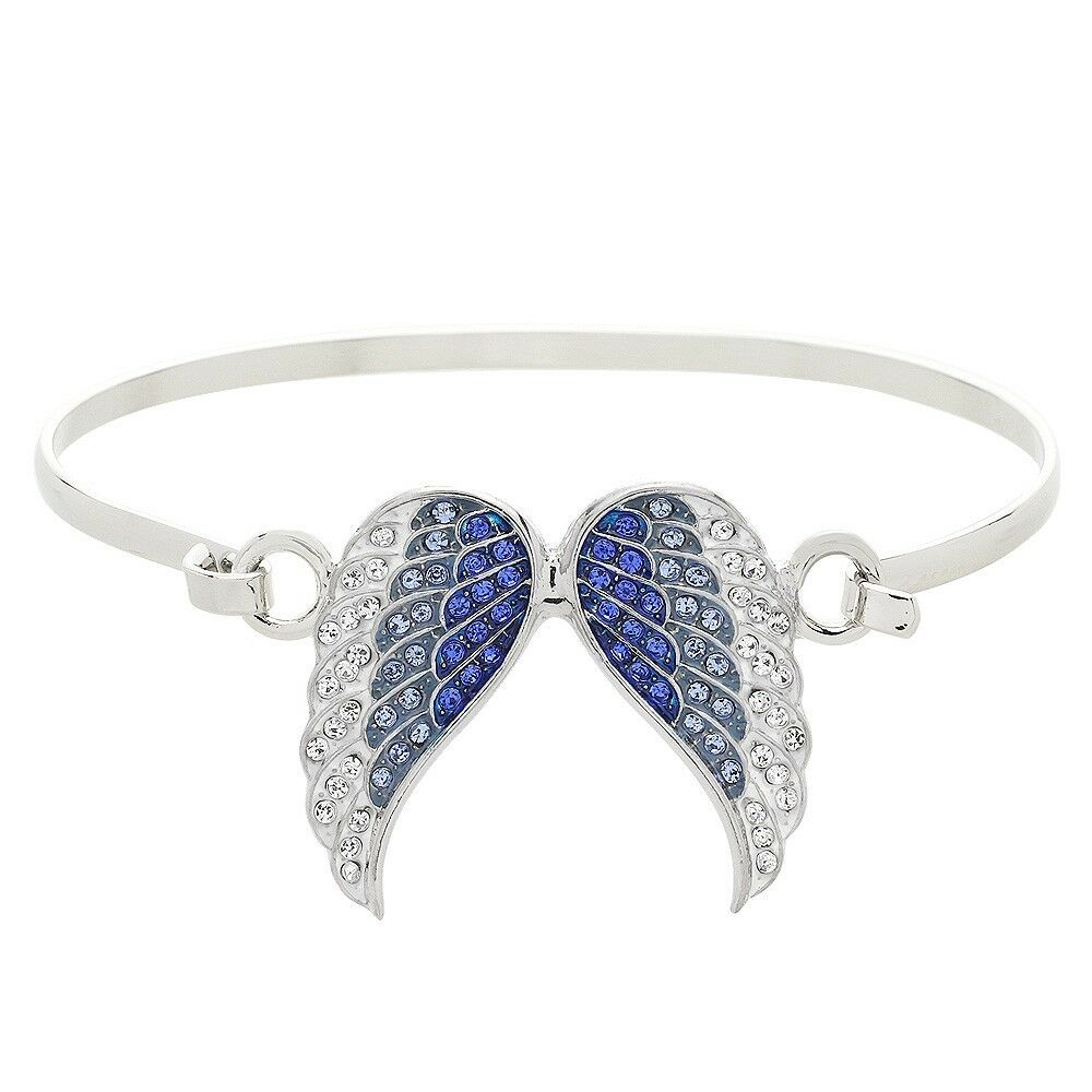 Angel Wings Bracelet Hook Bangle Thin Band Pave Rhinestone Faith SILVER BLUE - PalmTreeSky