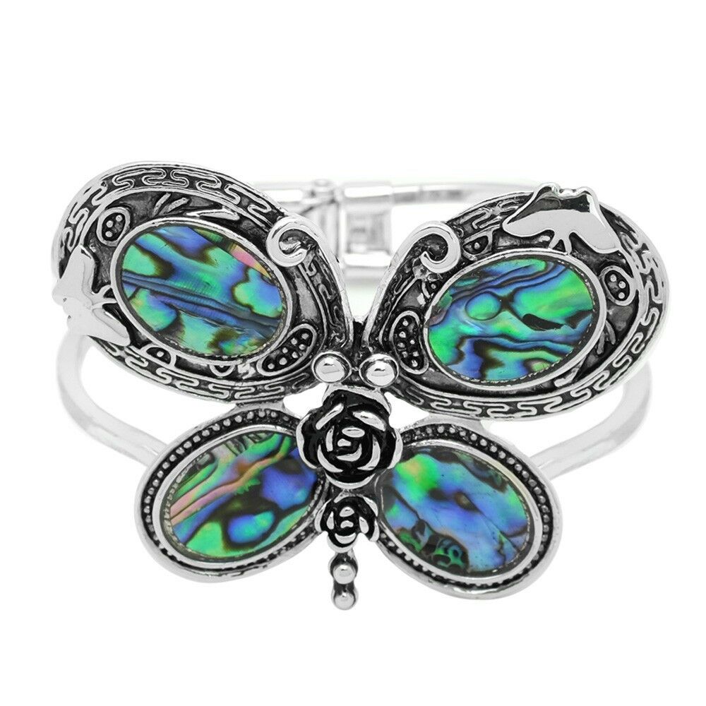 Butterfly Bracelet Flower Double Metal Bar Hinge Bangle SILVER Abalone Shell - PalmTreeSky