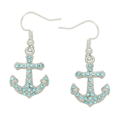 Anchor Earrings Small Pave Rhinestone Nautical Textured Metal Jewelry AQUA - PalmTreeSky