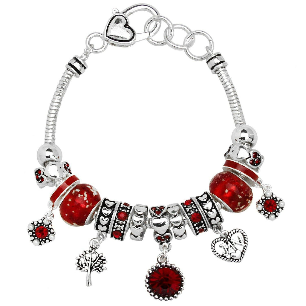 Birthstone Bracelet Multi Sliding Bead Heart Tree January Red SILVER Jewelry - PalmTreeSky
