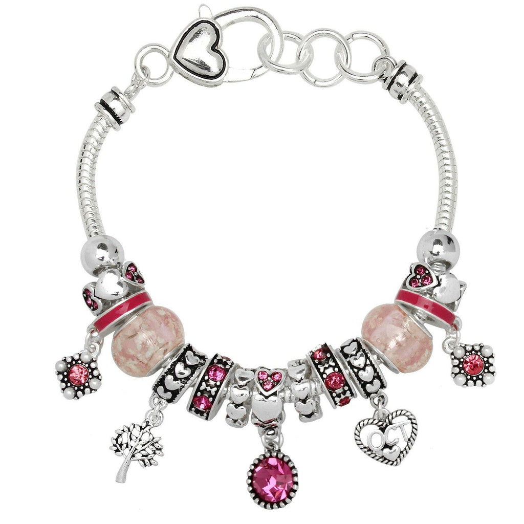 Birthstone Bracelet Multi Sliding Bead Heart Tree October Pink SILVER Jewelry - PalmTreeSky