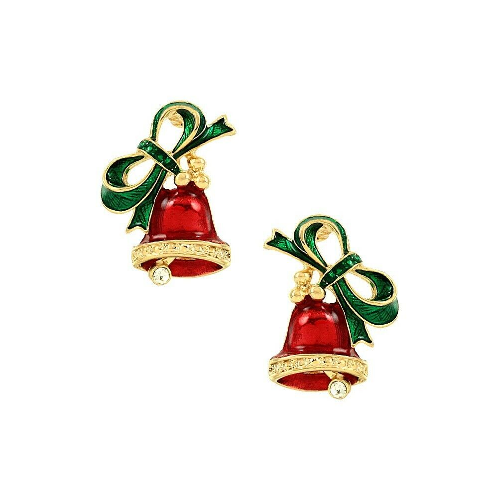 Christmas Earrings Bells Bow Stud Post Drop Holiday Party Gifts GOLD RED Jewelry - PalmTreeSky