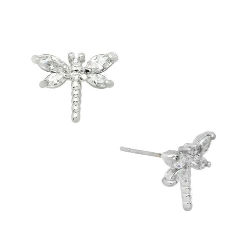 Dragonfly Earrings Tiny Studs Posts Cubic Zorconia CZ Butterfly SILVER LT CLEAR - PalmTreeSky