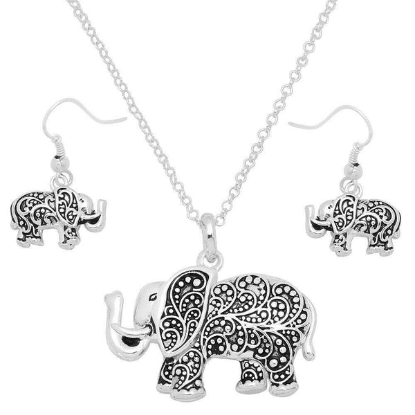 Elephant Necklace SET Filigree Luck Animal Country Farm Pendant SILVER - PalmTreeSky