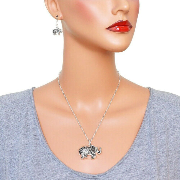 Elephant Necklace SET Filigree Luck Animal Country Farm Pendant SILVER - PalmTreeSky