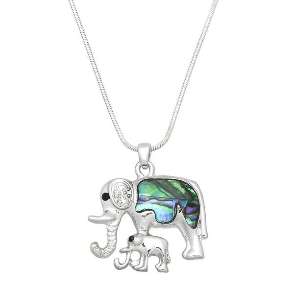 Elephant Necklace Pendant Charm Snake Chain ABALONE SHELL SILVER Luck Mom Baby - PalmTreeSky