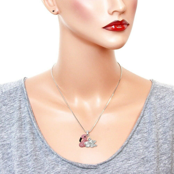 Flamingo Necklace Rhinestone Bird Tropical Snake Chain Beach Florida SILVER PINK - PalmTreeSky