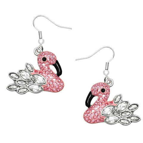 Flamingo Earrings Rhinestone Bird Tropical Drop Dangle Beach Florida SILVER PINK - PalmTreeSky