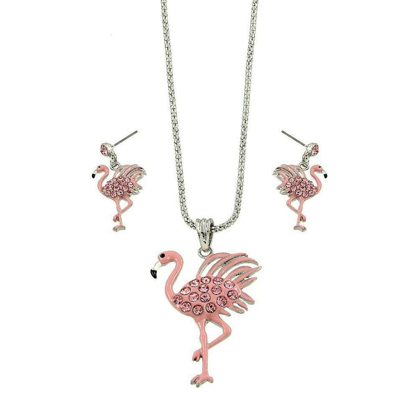 Flamingo Necklace SET Pave Bird Tropical Snake Chain Beach Florida SILVER PINK - PalmTreeSky