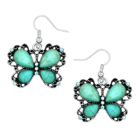 Butterfly Earrings Turquoise Stone Metal Drop Dangle Wings Fly Flower SILVER - PalmTreeSky