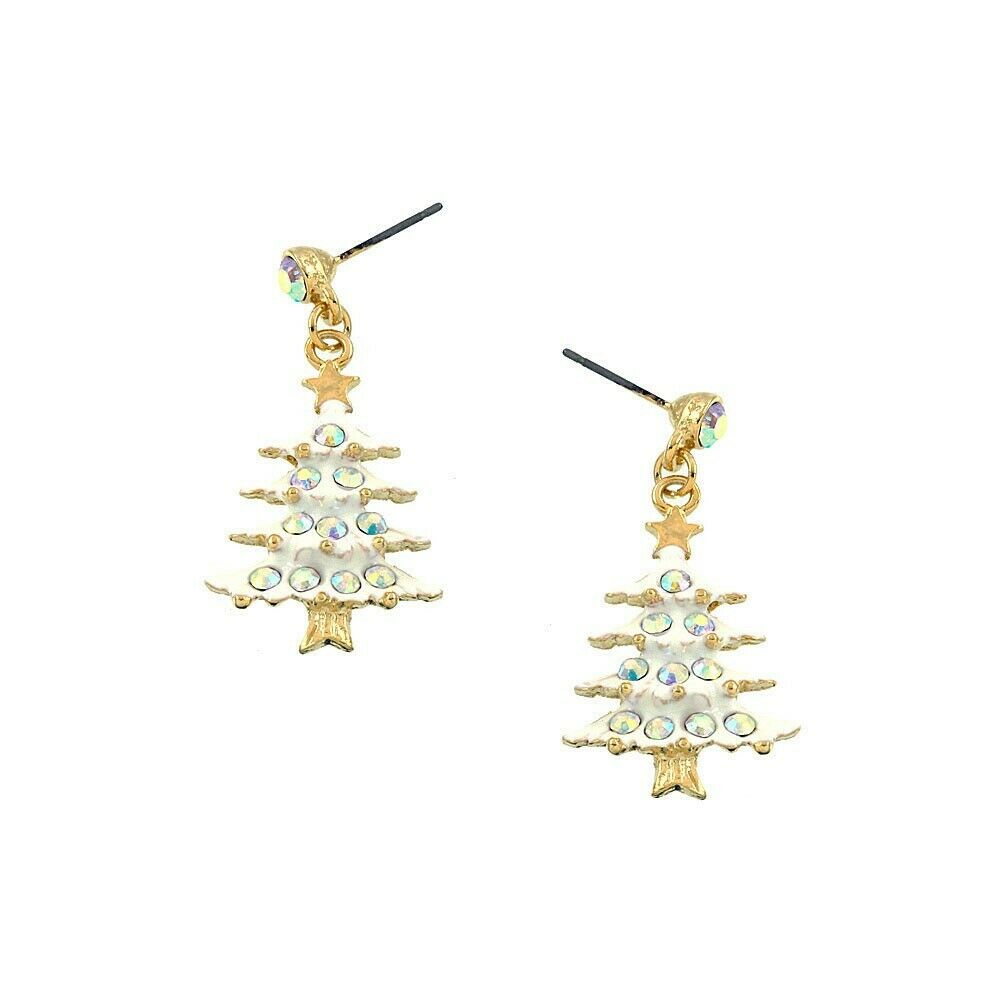 Christmas Tree Earrings Stud Post Drop Holiday Party Gifts GOLD WHITE Jewelry - PalmTreeSky