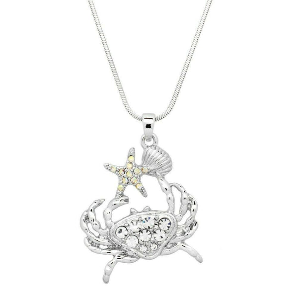 Crab Necklace Sea Shell Starfish Pave Rhinestone Claw 28mm SILVER CLEAR Jewelry - PalmTreeSky