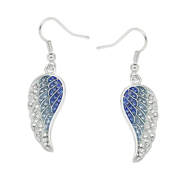 Angel Wing Earrings Pave Rhinestone SILVER BLUE Drop Dangle Faith Hope Jewelry - PalmTreeSky