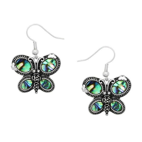 Butterfly Earrings Filigree Abalone Shell Metal Drop Dangle SILVER Flower Tree - PalmTreeSky