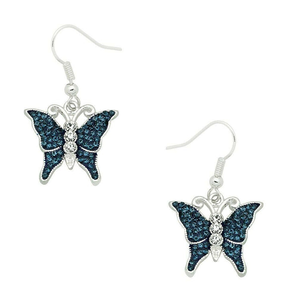 Butterfly Earrings Drop Dangle Beach Sea BLUE Pave Rhinestone SILVER Jewelry - PalmTreeSky