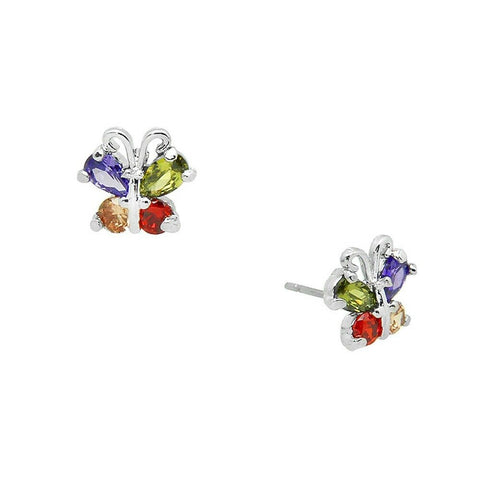 Butterfly Earrings Tiny Studs Posts Cubic Zorconia CZ Spring Summer SILVER MULTI - PalmTreeSky