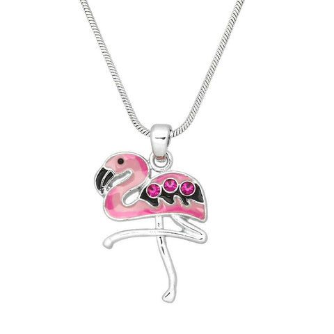 Flamingo Necklace Pave Stone Bird Tropical Snake Chain Beach Florida SILVER PINK - PalmTreeSky