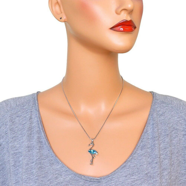 Flamingo Necklace Crystal Bird Tropical Snake Chain Beach Florida SILVER AQUA - PalmTreeSky