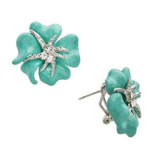 Flower Earrings Stud Post Leverback Rhinestone Beach Floral Surf SILVER AQUA - PalmTreeSky