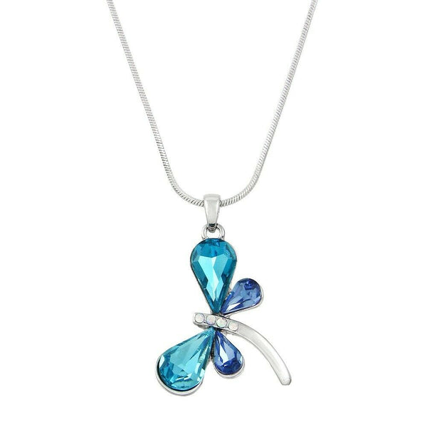 Dragonfly Necklace Aqua Blue Crystal Plain Metal Pendant SILVER Flower Jewelry - PalmTreeSky