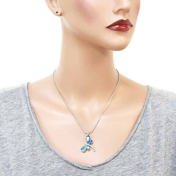 Dragonfly Necklace Aqua Blue Crystal Plain Metal Pendant SILVER Flower Jewelry - PalmTreeSky