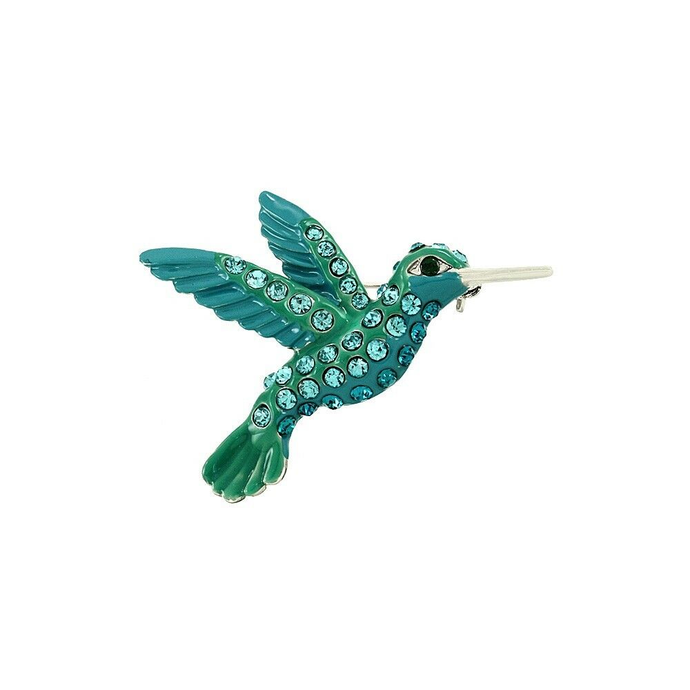 Hummingbird Pin Brooche Pave Rhinestone Silver Blue Bird Tree Nest Flying - PalmTreeSky