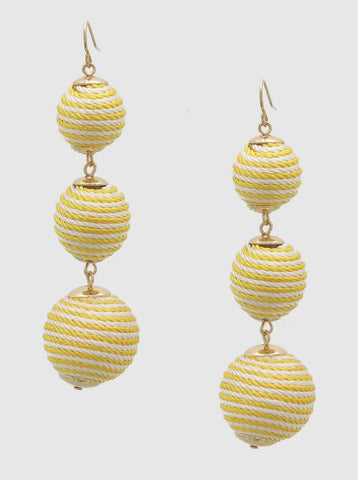 Thread Ball Earrings Long 3" Droplet 3 Tier Spring Summer 2Tone Yellow White - PalmTreeSky