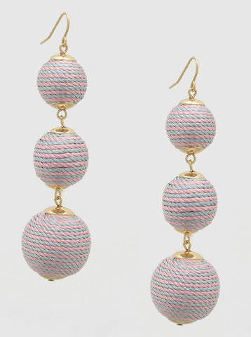 Thread Ball Earrings Long 3" Droplet 3 Tier Spring Summer 2Tone Pink Blue Fabric - PalmTreeSky