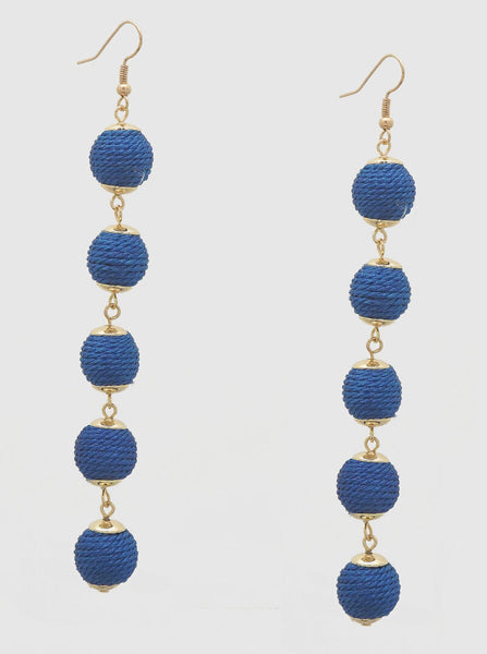 Thread Ball Earrings Long 5" Droplet 5 Tier Spring Summer Thin Long Gold Blue - PalmTreeSky