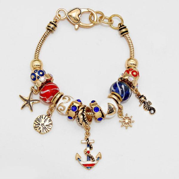 Anchor Bracelet Striped Charm Sliding Bead Starfish Sand Dollar GOLD Jewelry - PalmTreeSky