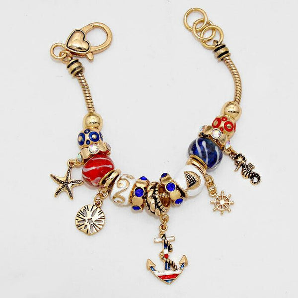Anchor Bracelet Striped Charm Sliding Bead Starfish Sand Dollar GOLD Jewelry - PalmTreeSky