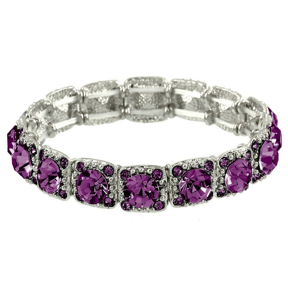 Crystal Bracelet Pave Rhinestones Square Cut Stretch SILVER AMETHYST Evening - PalmTreeSky