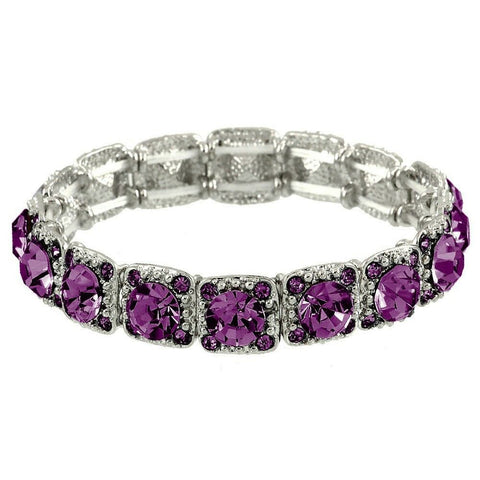 Crystal Bracelet Pave Rhinestones Square Cut Stretch SILVER AMETHYST Evening - PalmTreeSky