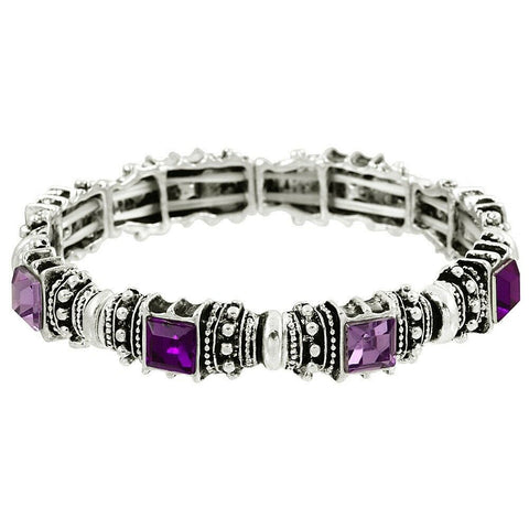 Crystal Station Bracelet Pave Rhinestone Stretch Bright Silver Purple Evening - PalmTreeSky