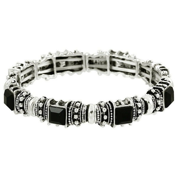 Crystal Station Bracelet Pave Rhinestone Stretch Bright Silver Black Evening - PalmTreeSky