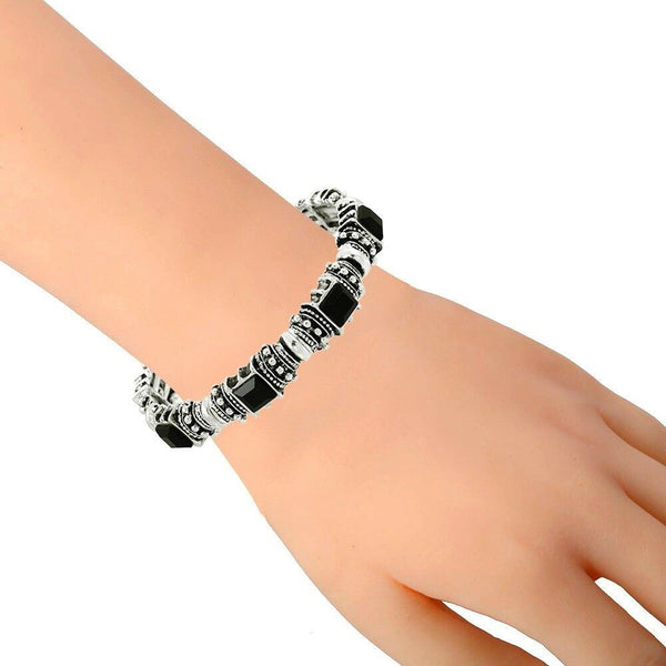 Crystal Station Bracelet Pave Rhinestone Stretch Bright Silver Black Evening - PalmTreeSky