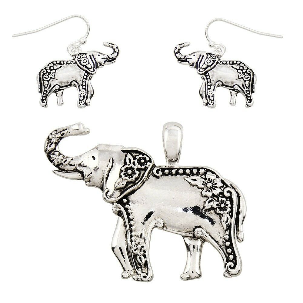 Elephant Pendant Earrings SET Luck Animal Horn Flower Metal SILVER Jewelry - PalmTreeSky