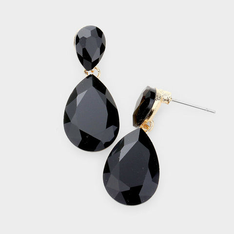 Crystal Earrings Teardrop Droplet Pave Rhinestone Stud Post BLACK 1.2" Dangle - PalmTreeSky