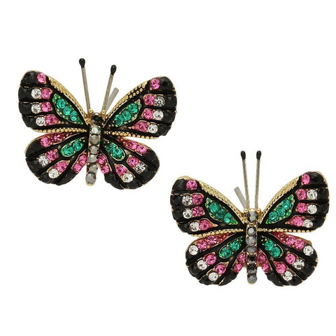 Butterfly Earrings Pave Rhinestone Crystal Stud Post Backs BLACK MULTI 16x14mm - PalmTreeSky