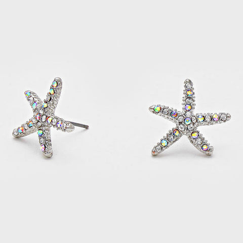 Starfish Earrings Small Studs Pave Rhinestone 3/4" Post Beach Surf Jewelry SLVR - PalmTreeSky